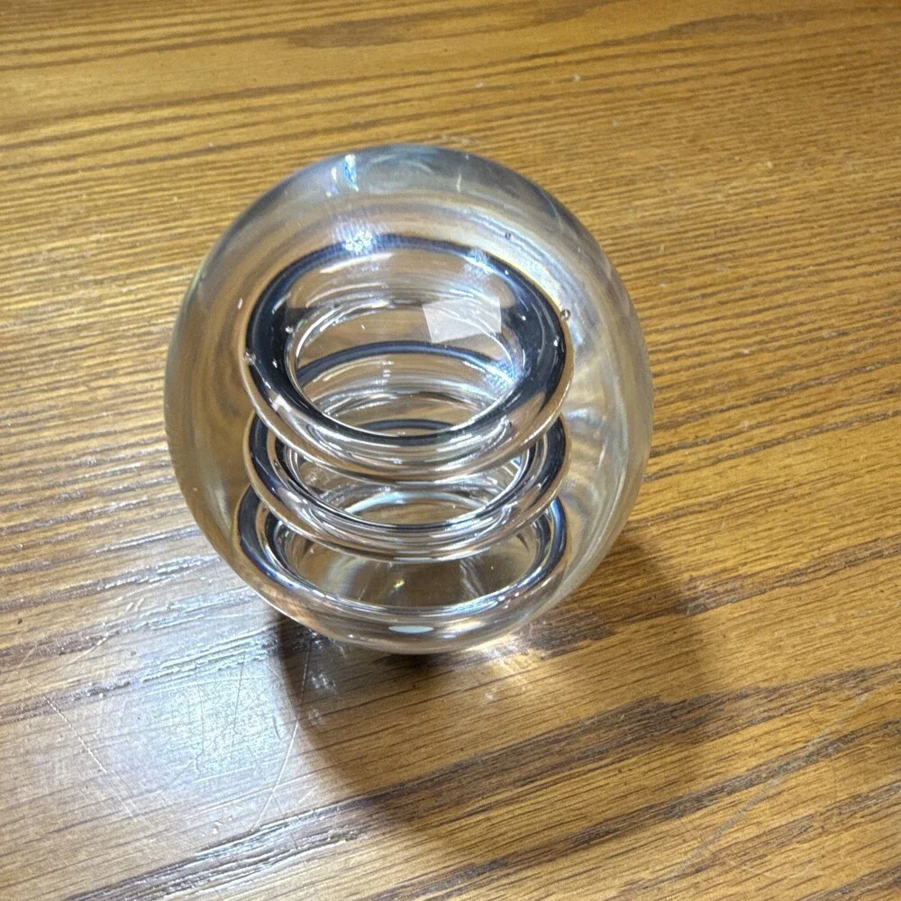 Sweden Clear Glass Orb Paperweight Spiral Design Square Base